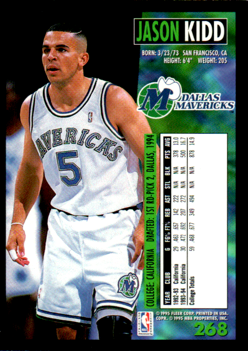 Jason Kidd Signed 1994-95 Fleer RC Card #268 NBA Dallas Mavericks Rookie b Auto