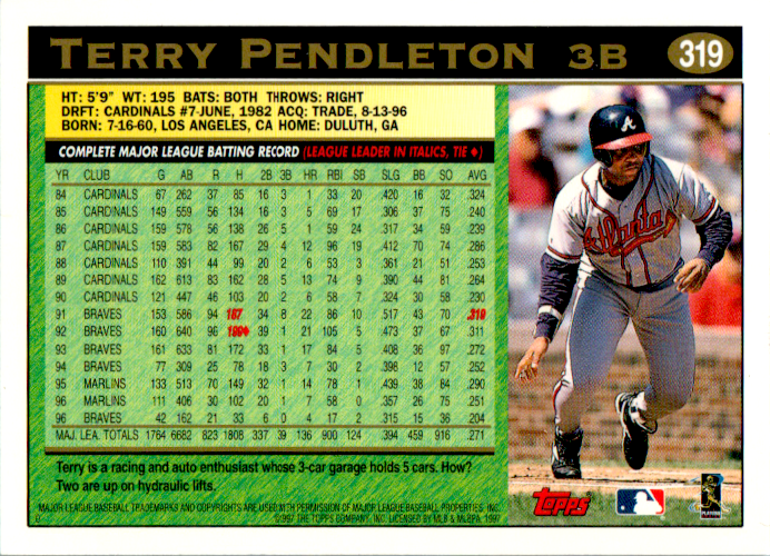 Terry Pendleton Signed 1997 Topps Card #319 Auto Atlanta Braves