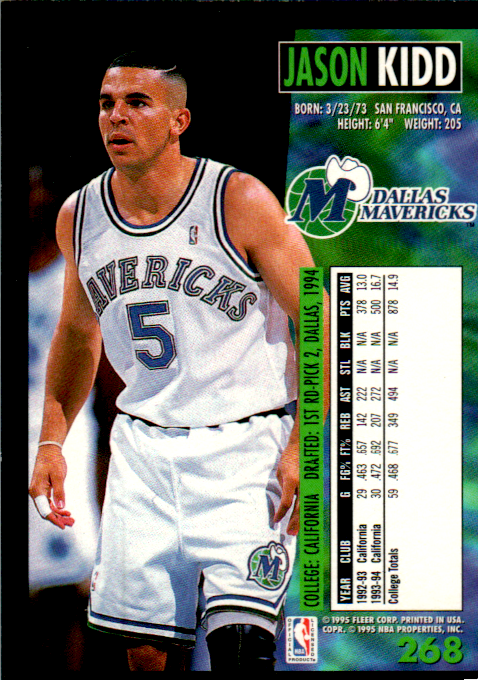 Jason Kidd Signed 1994-95 Fleer RC Card #268 NBA Dallas Mavericks Rookie c Auto